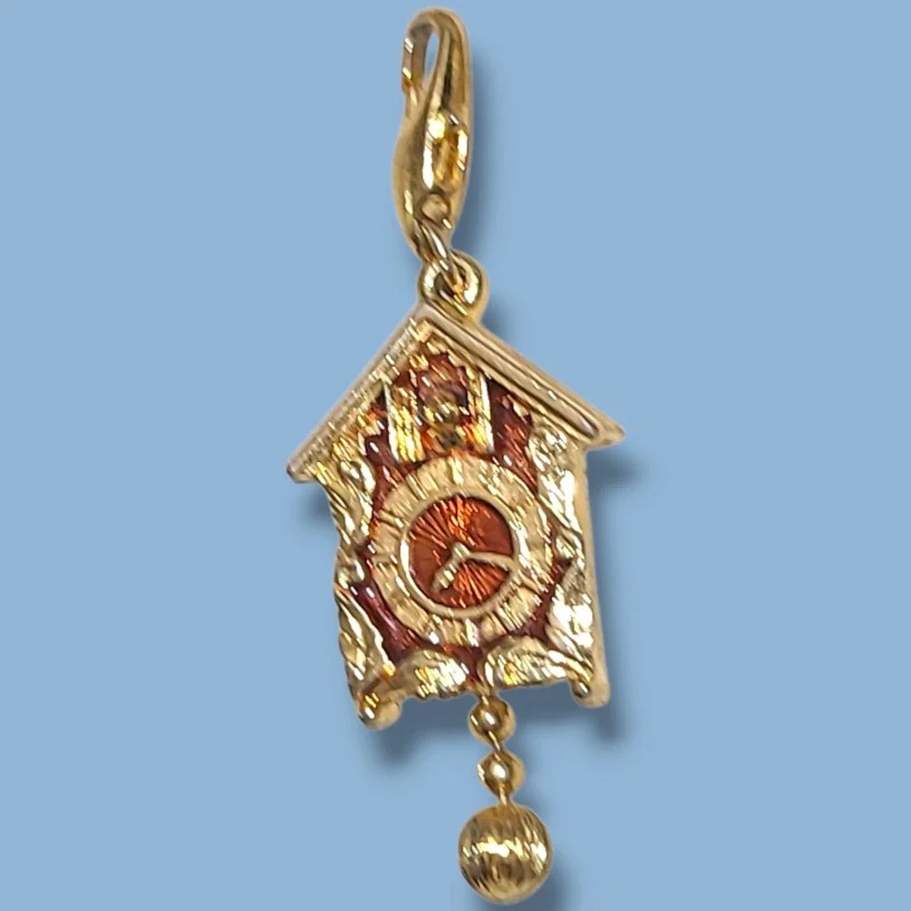 Vintage Clip-on Cuckoo Clock Charm Gold Tone Brown Enamel